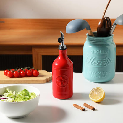 Sweejar 18 Oz Oil Dispenser for Kitchen with Gravity Spout, Ceramic Olive Oil Dispenser Bottle, Relief Opaque Vinegar Container for Evoo, Vinegar, Soy Sauce, Pack of 1(White, Gold Spout)