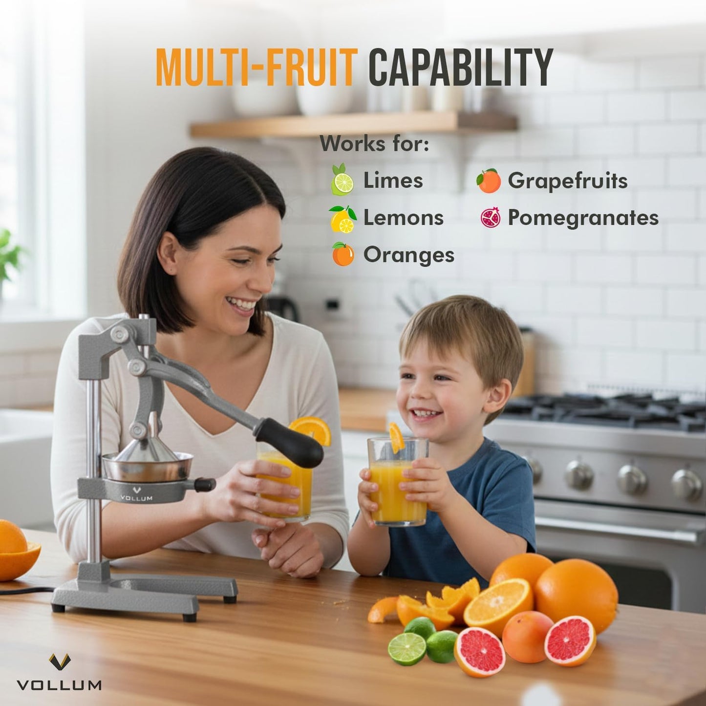 Vollum Hand Press Manual Citrus Juicer - citrus squeezer Commercial Grade Home Orange juice Squeezer for Oranges, Lemons, Limes - Stainless Steel and Cast Iron Non-skid Suction Cup Base- 15 Inch, Gray