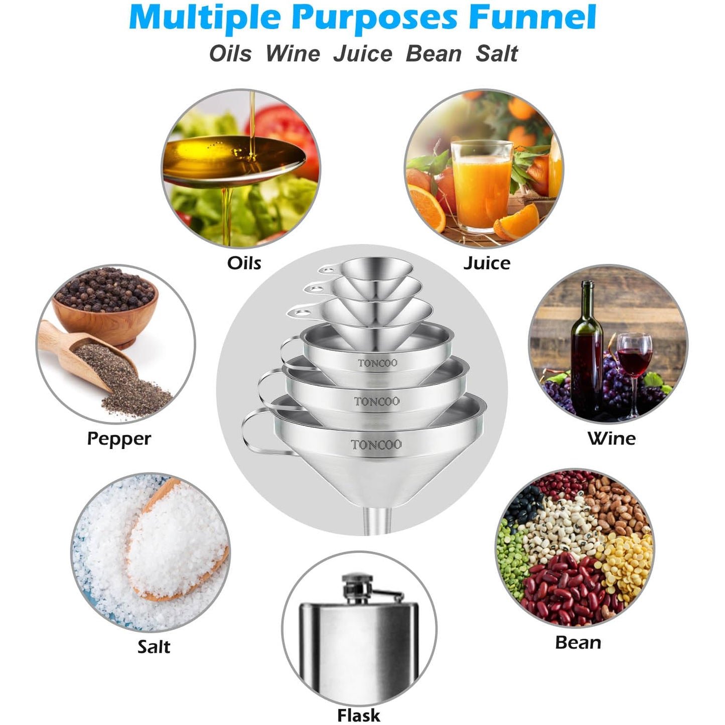 Toncoo 3 Pack Stainless Steel Funnels for Kitchen Use, Food Grade Cooking Funnel with 3 Strainer, Kitchen Funnel Set Metal Funnels for Filling Bottles