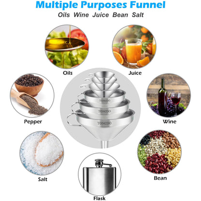 Toncoo 3 Pack Stainless Steel Funnels for Kitchen Use, Food Grade Cooking Funnel with 3 Strainer, Kitchen Funnel Set Metal Funnels for Filling Bottles