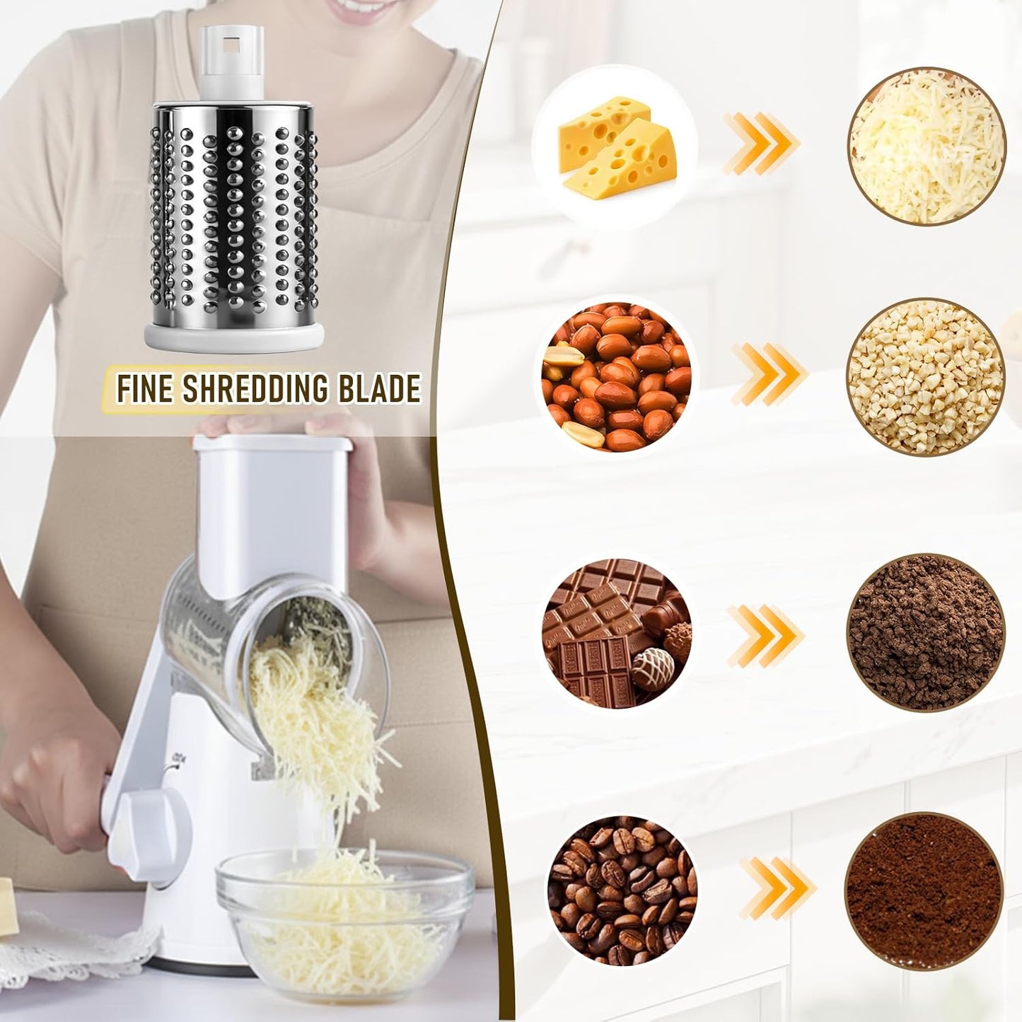 Rotary Cheese Grater, Hand Kitchen Crank Shredder Speed Mandolin Slicer Nuts Grinder with Handle and Drum Blades for Fresh Cheese, Vegetable, Fruit, Nuts, Non-slip Suction Base, 3 Blades
