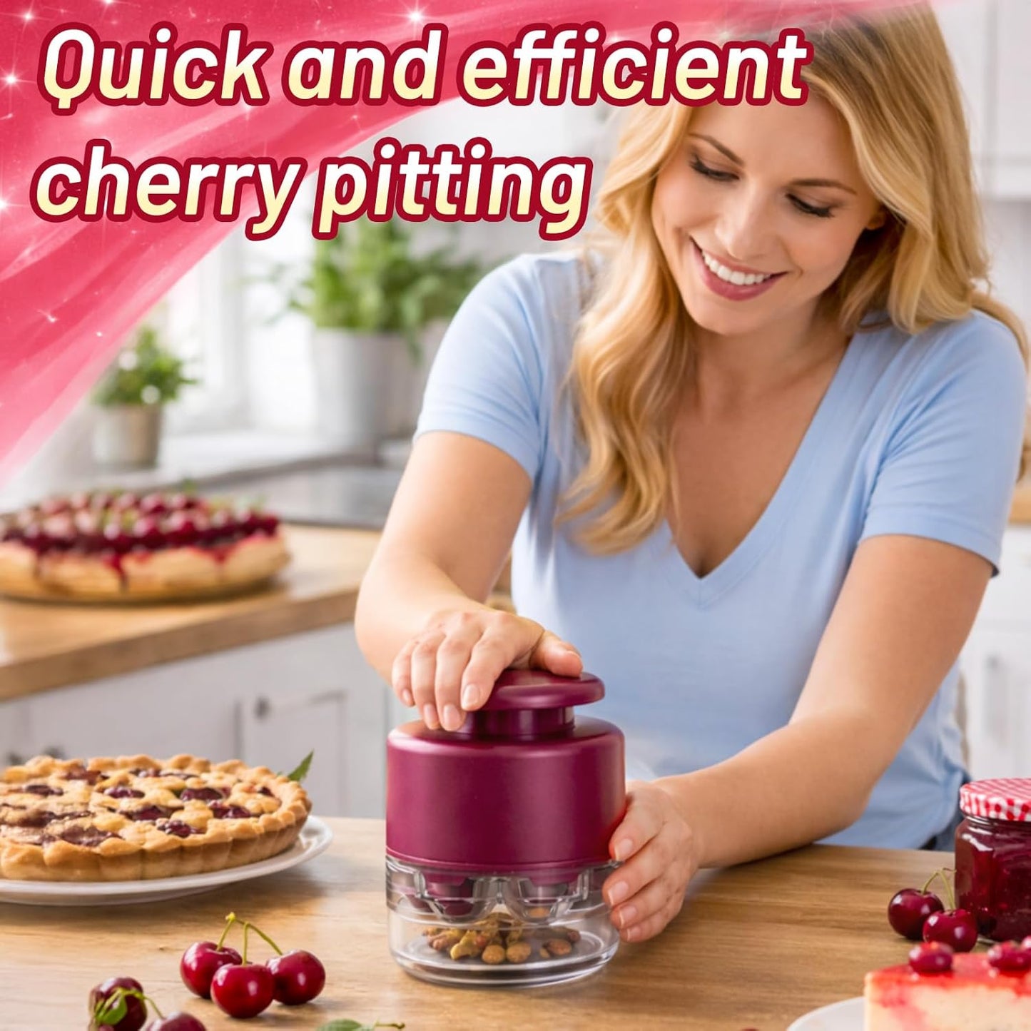 7 Hole Cherry Pitter, Upgraded Stainless Steel with Layer Separation (Fruit & Pit Separate), Anti-Splash Cover, Professional Multi-Cherry Remover for Baking, Kitchen Gadget (Red)