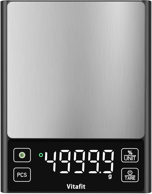 Vitafit 11lb Food Scale, High Accuracy 0.0001lb by Our Professional Factory Since 2001, Digital Kitchen Scale with% Percentage Function for for Cooking,Baking&Coffee, Stainless Steel,Big LED, Black
