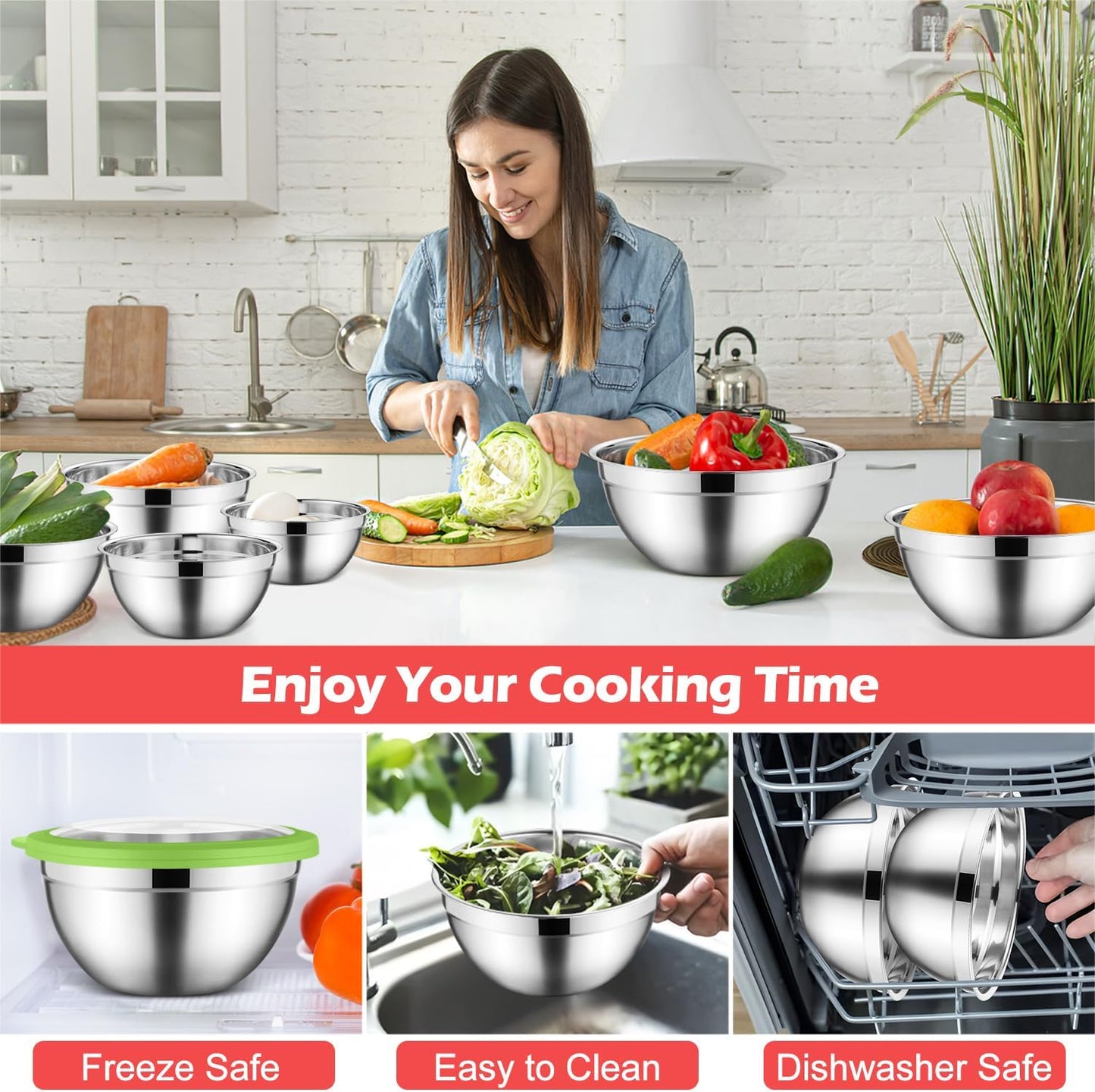 E-far Stainless Steel Mixing Bowls with Airtight Clear Lids Set of 7, Metal Nesting Bowls for Kitchen Prep, Baking, Cooking, Serving, Salad, Dishwasher Safe, Size 4.6, 3.5, 3, 2, 1.5, 1, 0.7QT, Khaki