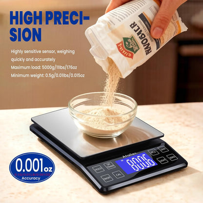 Digital Kitchen Scale 5kg 0.1g High Precision, Multifunctional Food Scale with PCS Counting, Hold & Tare, USB Rechargeable, 6.3x6.3 Inch Large Platform, Stainless Steel, for Cooking Baking Meal Prep