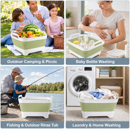 2.4 Gal(9L) Collapsible Dish Basin with Drain Plug, Space Saving Outdoor Multiuse Foldable Sink Tub, Dishpan, Kitchen Storage Tray for Camping, Vegetable Washing, RV (Gray)