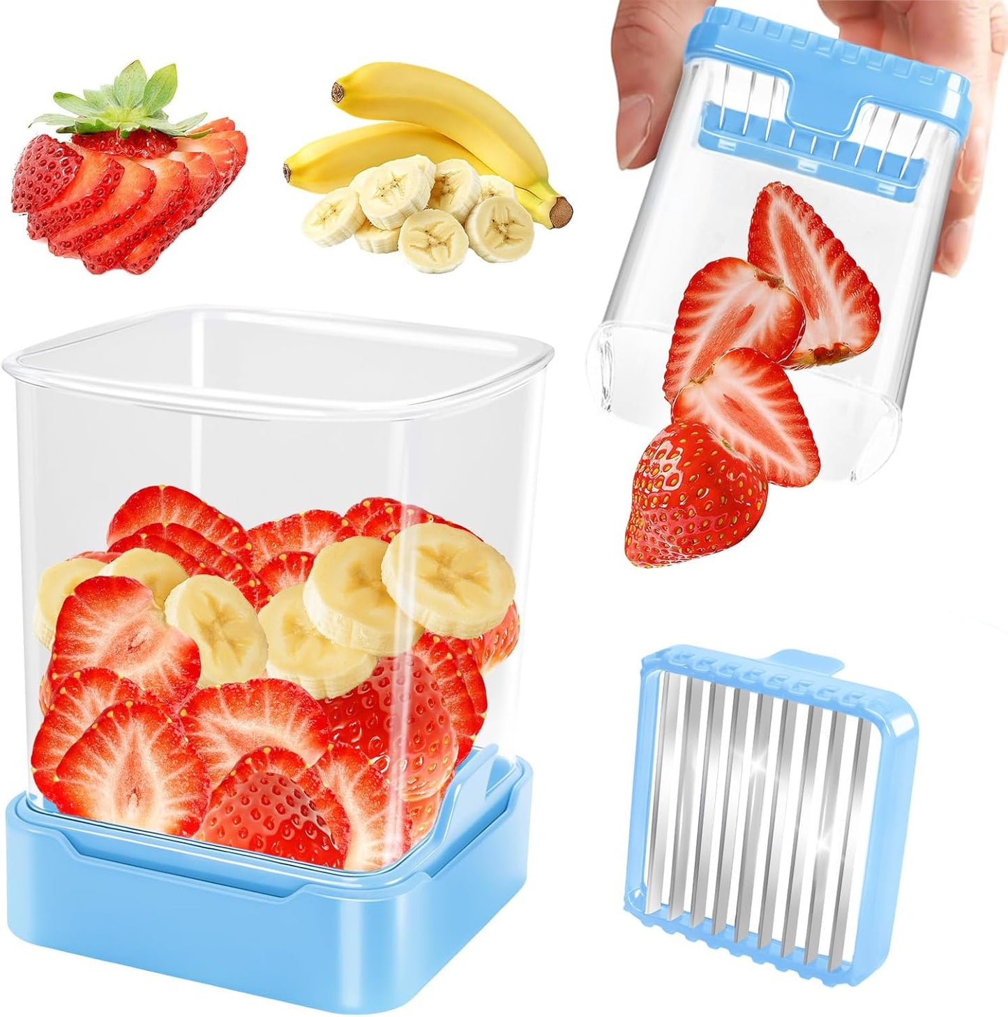 Fruit Slicer Cup for Strawberry, Banana, Hard-Boiled Egg - Detachable Cutter with Push Plate - 304 Stainless Steel Blade - Rapid & Safe Slicing Kitchen Gadget for Quick Meal Prep (Black)
