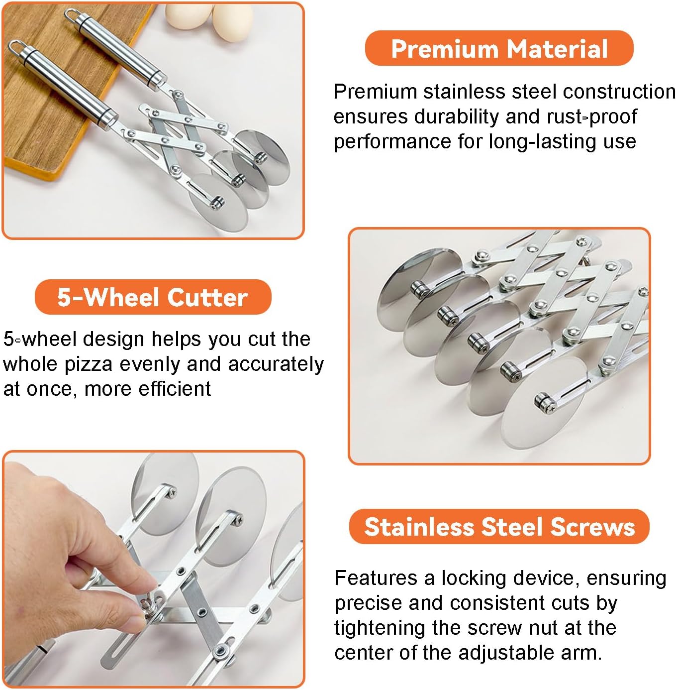Ragyzity 5 Wheel Pastry Cutter, Stainless Steel Pizza and Dough Tool, Multi-Round Pastry Knife Baking Cutter with Double Wheel Dough Divider, Heavy Duty Pastry Wheel with Ergonomic Handle