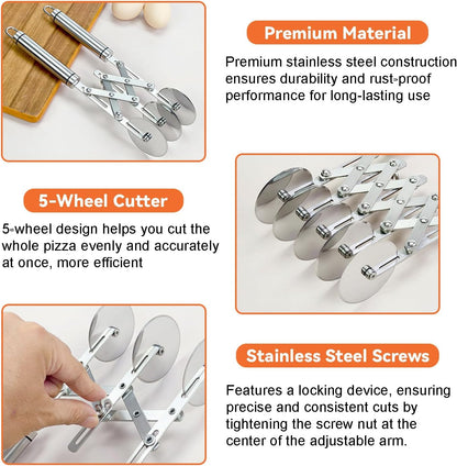 Ragyzity 5 Wheel Pastry Cutter, Stainless Steel Pizza and Dough Tool, Multi-Round Pastry Knife Baking Cutter with Double Wheel Dough Divider, Heavy Duty Pastry Wheel with Ergonomic Handle
