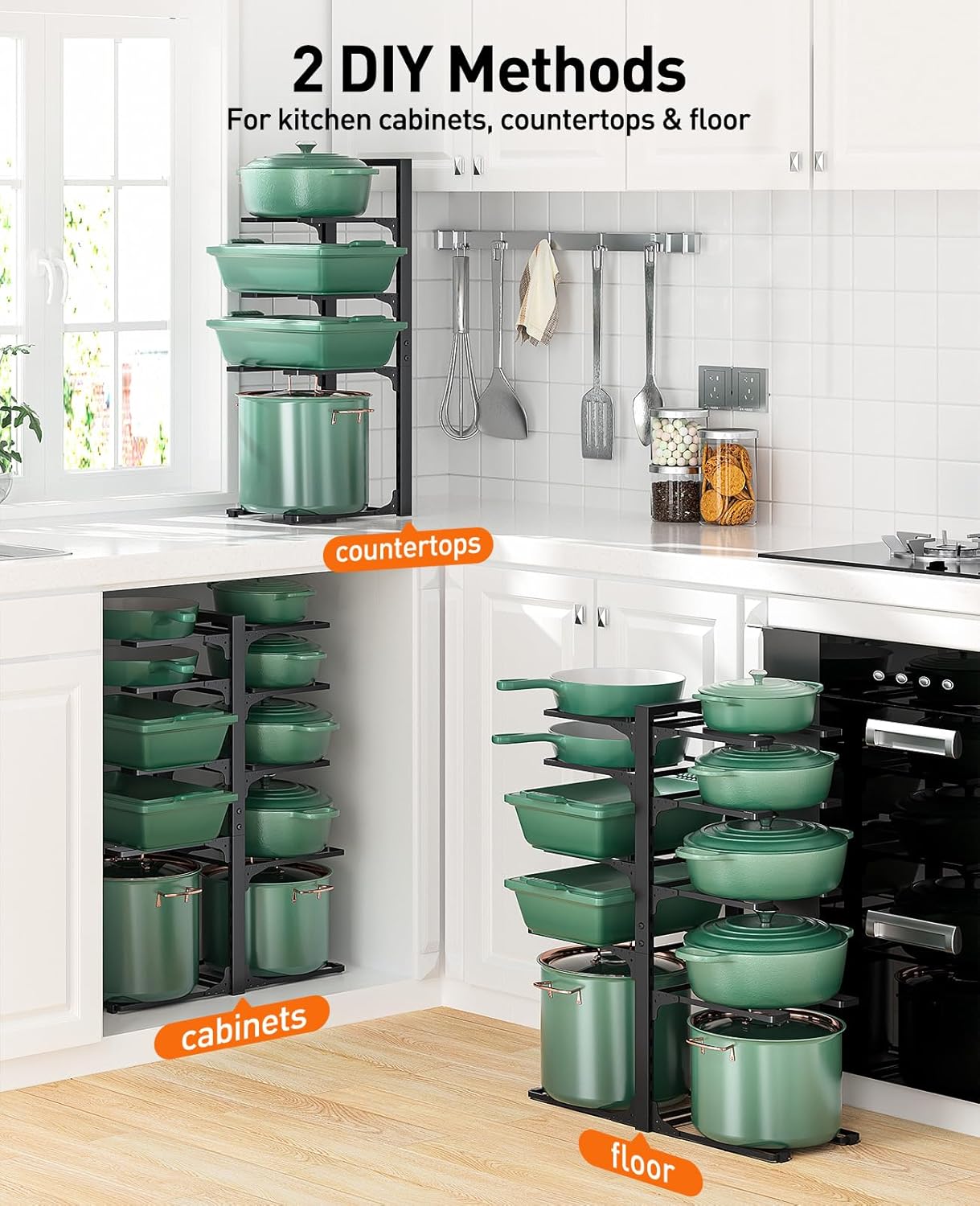 ORDORA Pots and Pans Organizer for Cabinet 16.61 Height, 8 Tier Pot Organizers Rack with 3 DIY Methods, Adjustable Pan Organizer under Cabinet Kitchen Organization and Storage