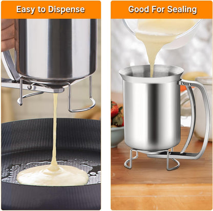 Joyeee 24oz Pancake Batter Dispenser, Stainless Steel Batter Dispenser with Squeeze Handle, Durable, Leak-Free and Easy to Clean, Great for Cupcakes, Waffle