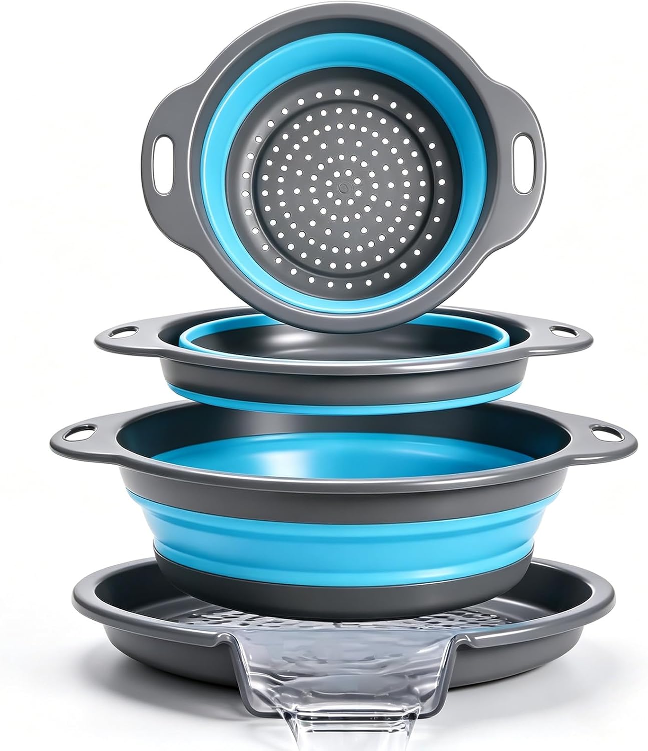 Collapsible Colander Set with Oversized Draining Tray | 3-Pack Foldable Kitchen Strainers + Base | Space Saving for Pasta, Veggies, Fruit & Rice | 5 Colors (Gray-White)