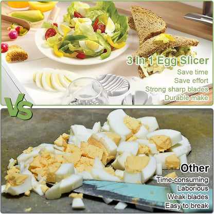 3 in 1 Egg Slicer for Hard Boiled Eggs with Cleaning Brush, Multipurpose 3-Way Cutter with 3 Slice Modes, Heavy Duty, Hard Boiled Egg Cutter & Fruit Slicer, Dishwasher Safe (White)