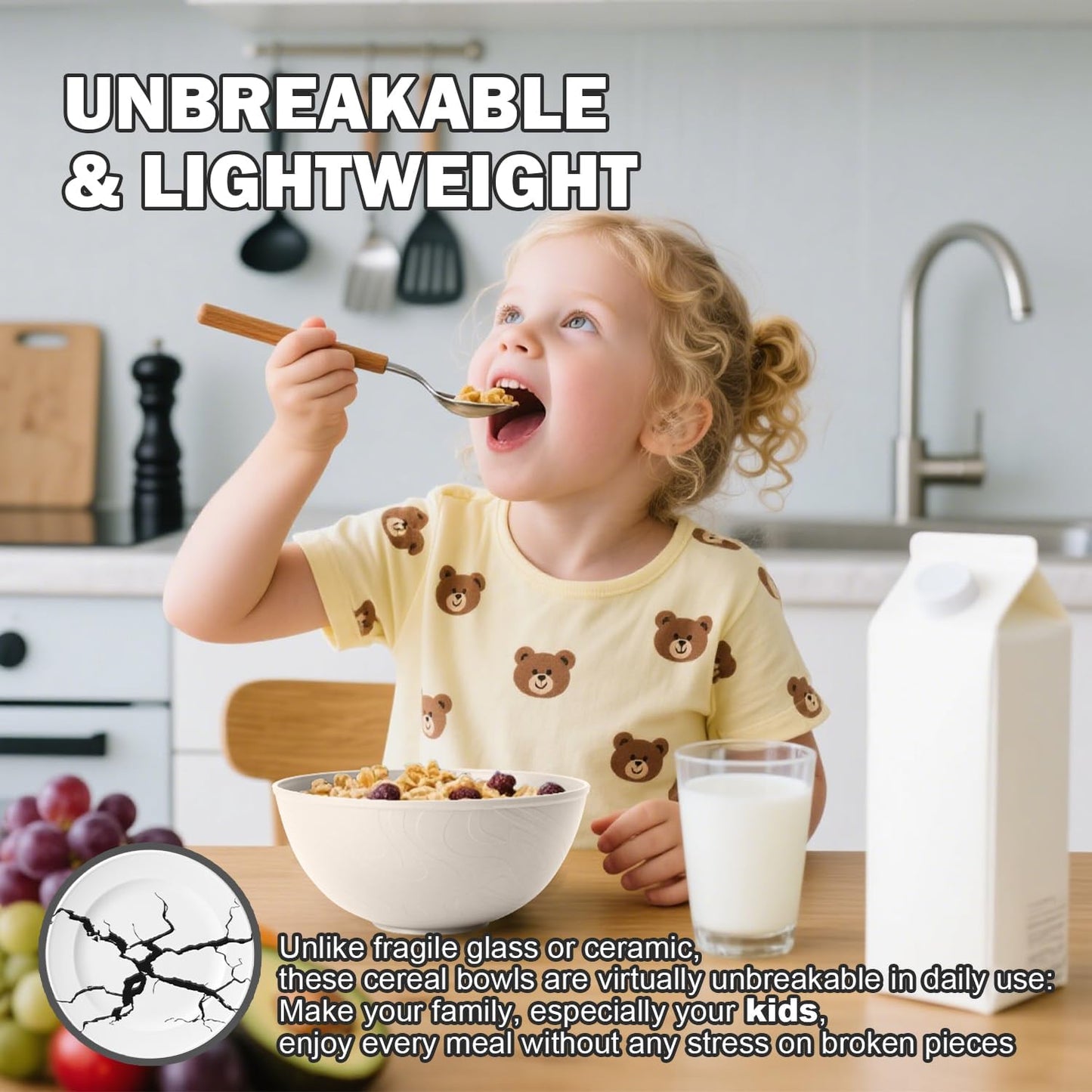 Wheat Straw Bowls Set with Lids, Unbreakable 40 OZ Cereal Bowls Set of 4, Salad Container for Lunch, Microwave & Dishwasher Safe Bowl Set for Kitchen, Picnic, RV, Camping, Multi