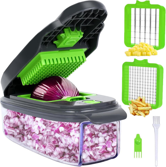 2-in-1 Vegetable Dicer, Onion Chopper with 6.7mm and 13.5mm Dicing Blades, 1.5L Food Prep Container for Salad, Potato, Tomato, Home Kitchen Meal Prep (White & Black)