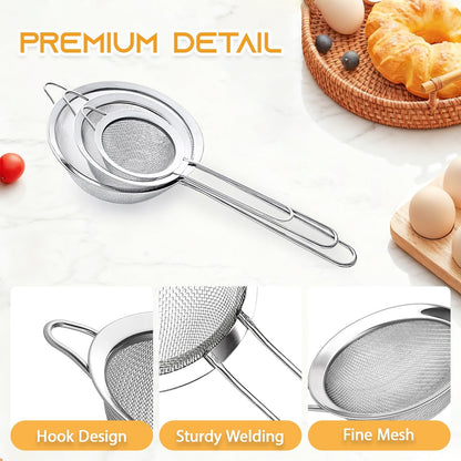 3Pcs Fine Mesh Strainer with Handle, Small Medium Large Size Sieve Strainers Set, Stainless Steel Sifter Colander for Kitchen Baking Juice Quinoa Food Flour