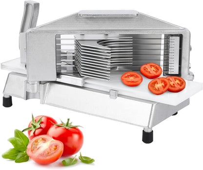 Commercial Tomato Slicer with 3/8 Inch Stainless Steel Blades, Built-In Cutting Board, Vertical and Horizontal Handles, Safety Guards, and Non-Slip Rubber Feet for Restaurant or Home Use