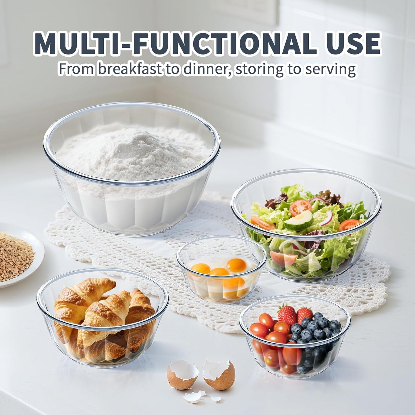 Luvan Glass Mixing Bowls with Lids Set(4.5QT, 2.7QT, 1.1QT)-Large Glass Mixing Bowls, Clear Salad Bowl for Baking, Cooking, Serving, Food Prep, 3PC Nesting Bowls for Kitchen Storage & Dishwasher Safe