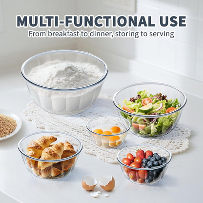Luvan Glass Mixing Bowls with Lids Set(4.5QT, 2.7QT, 1.1QT)-Large Glass Mixing Bowls, Clear Salad Bowl for Baking, Cooking, Serving, Food Prep, 3PC Nesting Bowls for Kitchen Storage & Dishwasher Safe
