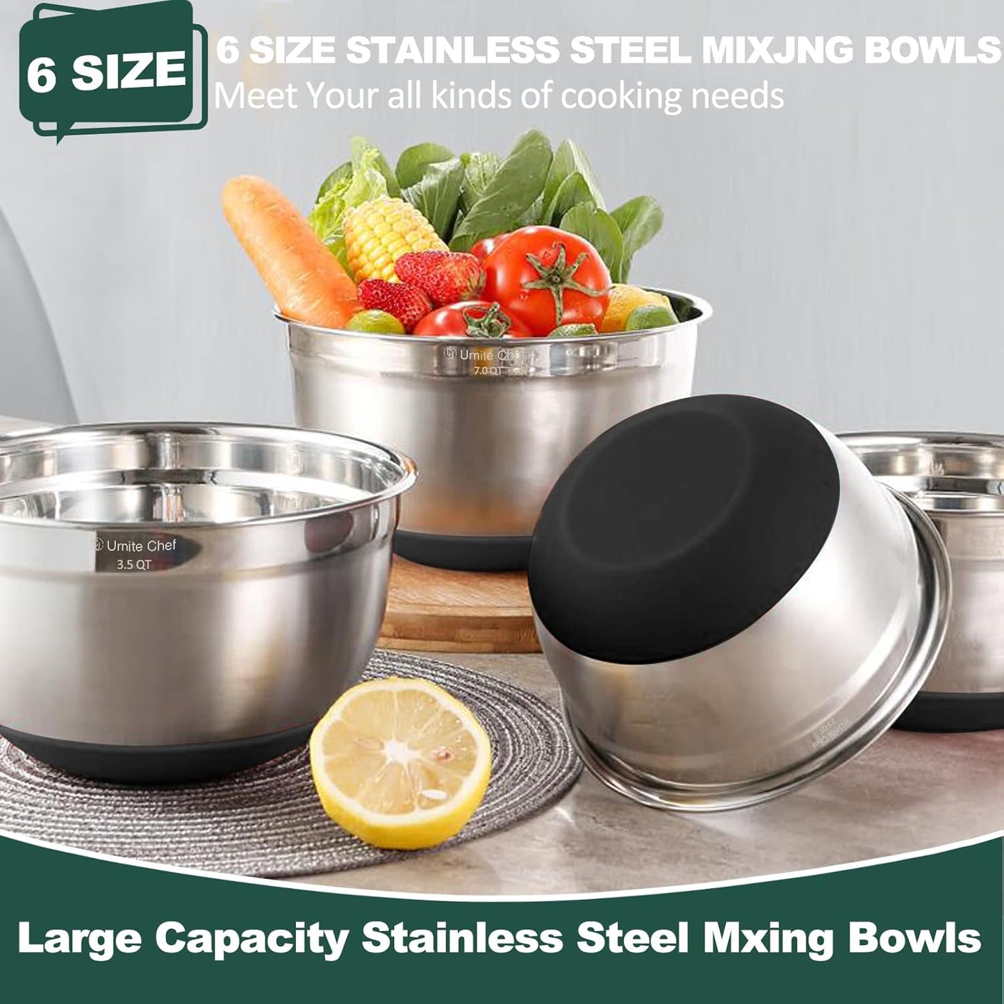 Umite Chef Mixing Bowls with Airtight Lids, 6 piece Stainless Steel Metal Nesting Storage Bowls, Non-Slip Bottoms Size 7, 3.5, 2.5, 2.0,1.5, 1QT, Great for Mixing & Serving (Khaki)