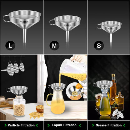 Stainless Steel Funnel, Walfos 3 Pack Kitchen Funnel with 2 Removable Strainer ＆ 1Pcs Cleaning Brush, Perfect for Transferring of Liquid, Oils, Jam, Dry Ingredients & Powder