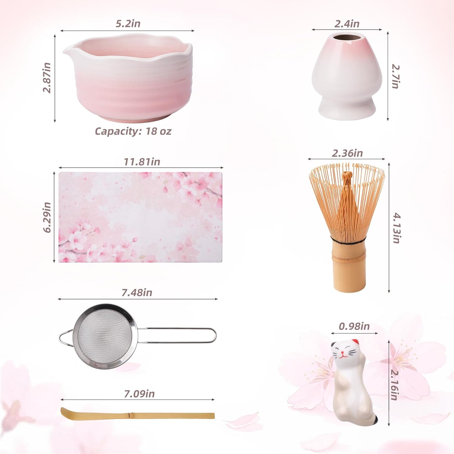 6-Piece Matcha Whisk Set Pink, 18oz Matcha Bowl with Spout, Bamboo Whisk and Chasen Holder, Pink Matcha Kit, Cute Macha Gift Set for Women & Matcha Lovers Starters, Mother's Day Gift