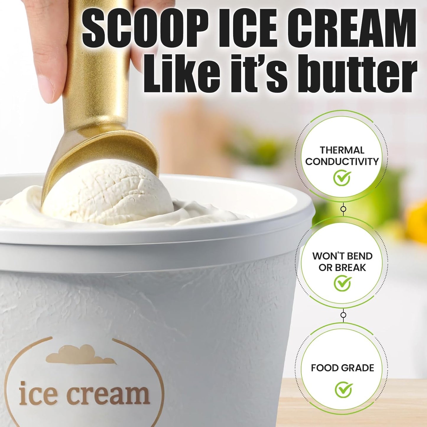CUNSENR 7 inch Ice Cream Scoop - One-Piece Nonstick Aluminum Ice Cream Scooper - Professional Metal Ice Cream Spoon - Durable, Easy to Use & Clean - Lightweight Cookie Spoon - Scoop Ice Cream (Sliver)