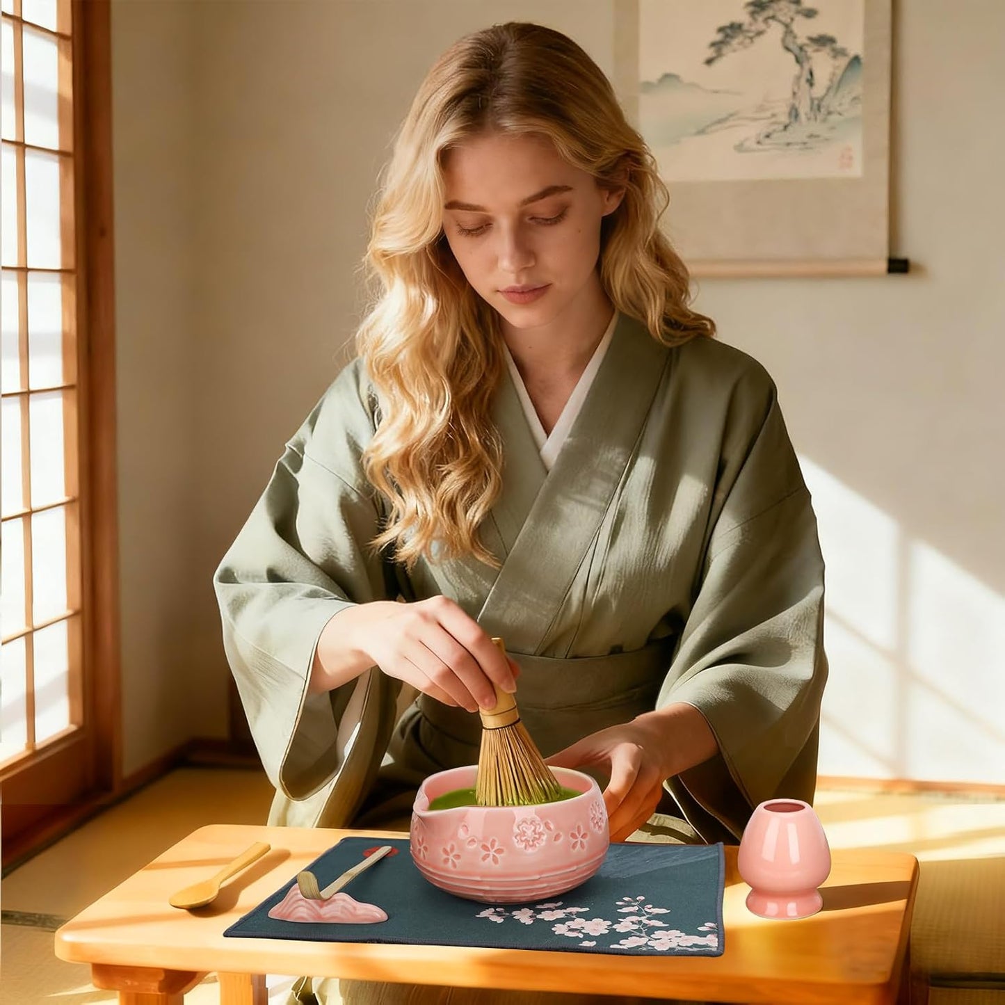 Matcha Whisk Set, Ceramic Matcha Set with Bowl, Chasen Holder, Scoop Rest, Sifter, 8-Pcs Japanese Ceremony Matcha Kit–Matcha Lovers Gift for Women Mom Girl Friend-Matcha Green