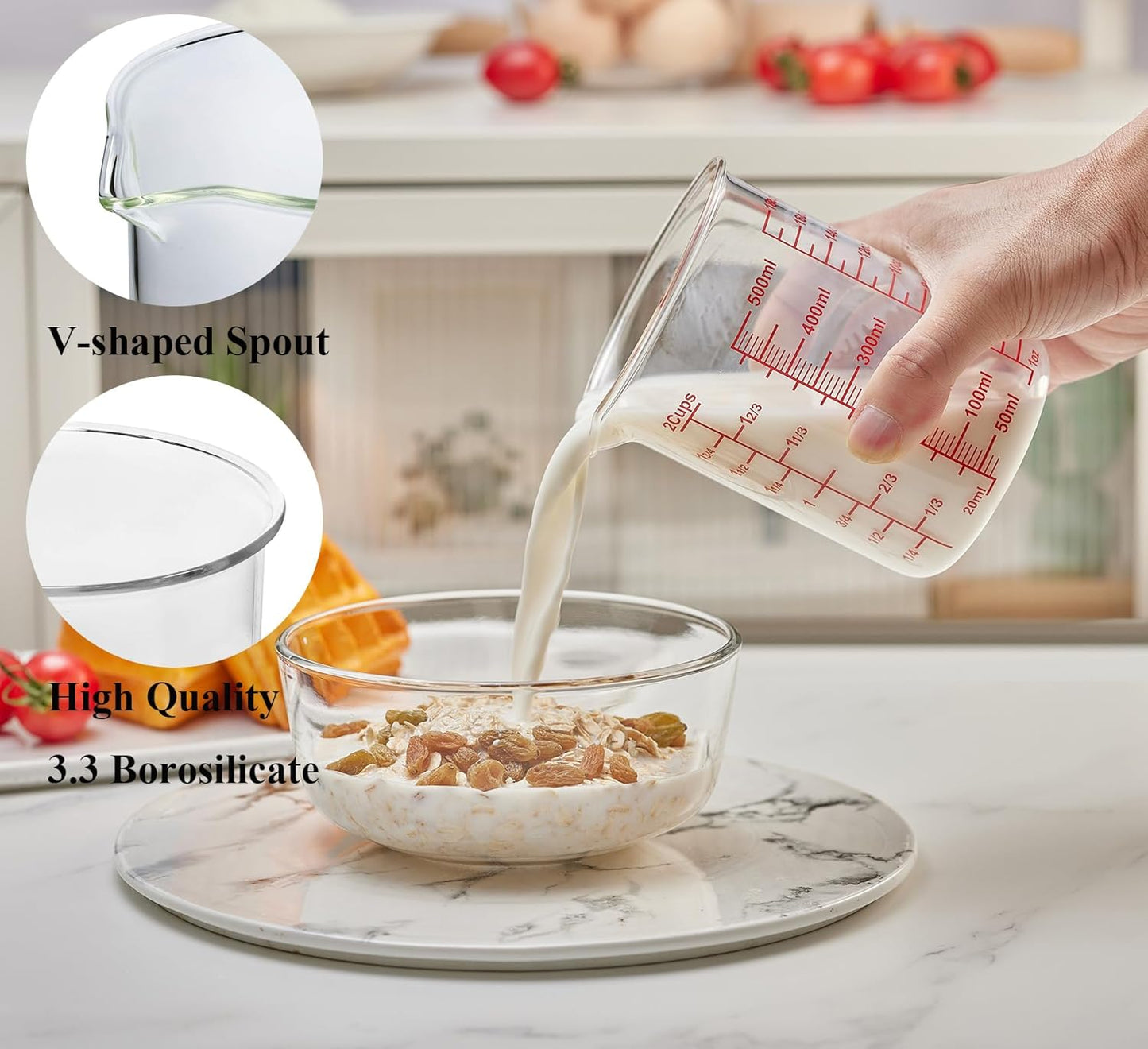 High Borosilicate Glass Measuring Cup-V-Shaped Spout，Glass Measuring Beaker for Kitchen or Restaurant, Easy to Read, 60 ML (2 Oz)-Pack of 2