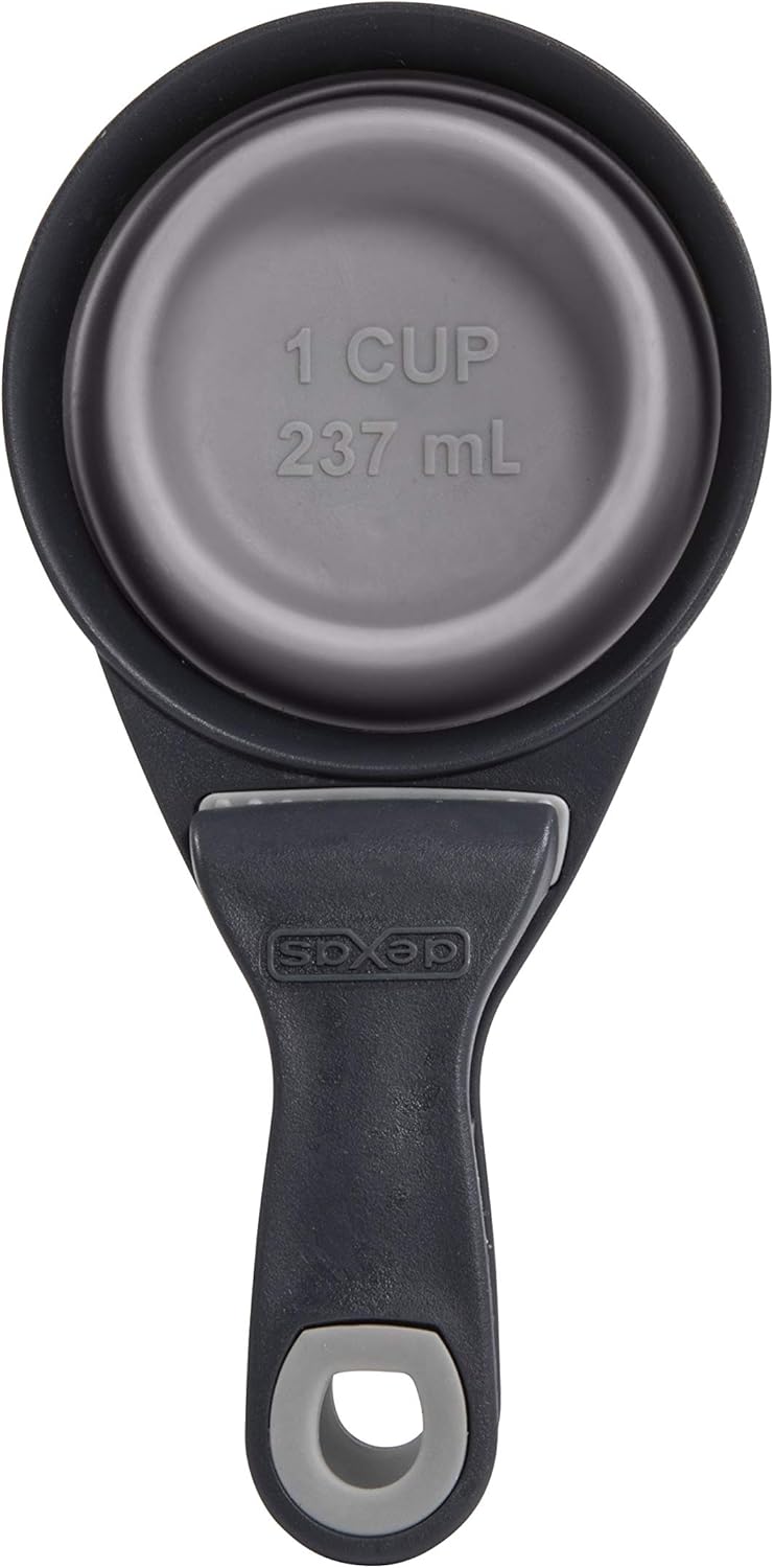 Dexas Popware for Pets Collapsible Klip Scoop, 3 in 1 Design Convenient Measuring Cup, Food Scooper and Bag Clip, 1Cup Capacity Pet Food Scoop, Versatile Food Measuring Cups Portion Control Gray/Blue