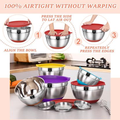 Umite Chef Mixing Bowls with Airtight Lids Set, 8PCS Stainless Steel Nesting Bowls with Grater Attachments, Non-Slip Bottoms, 5, 4, 3.5, 2, 1.5QT for Mixing & Serving