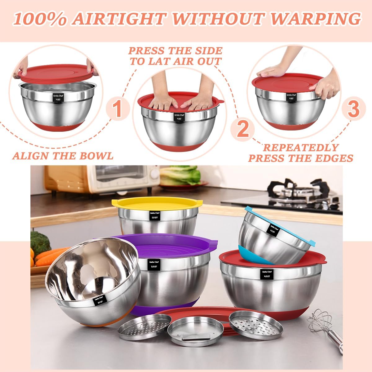 Umite Chef Mixing Bowls with Airtight Lids, 8PCS Stainless Steel Nesting Mixing Bowls Set, 3 Grater Attachments & Non-Slip Bottoms, Black Kitchen Bowls, Size 5, 4, 3.5, 2, 1.5QT for Baking & Serving
