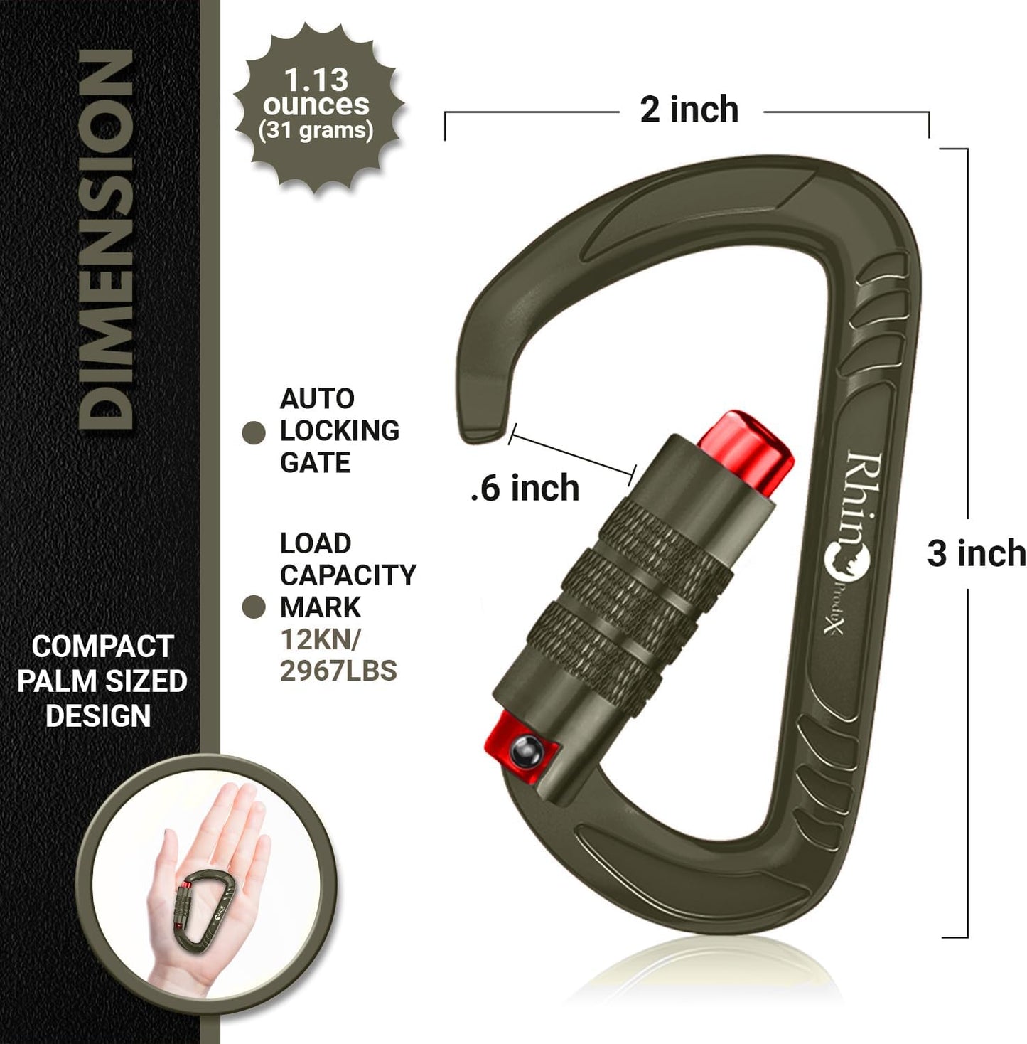 Rhino Produxs 12kN (2697 lbs) Heavy Duty Carabiner Clips, for Securing Pets, Outdoor, Camping, Hiking, Hammock, Dog Leash Harness, Keychains