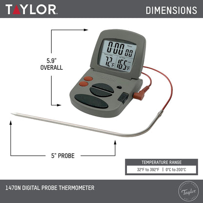 Taylor Programmable with Timer Instant Read Wired Probe Digital, Meat, Food, Grill BBQ Cooking Kitchen Thermometer with Timer, Gray