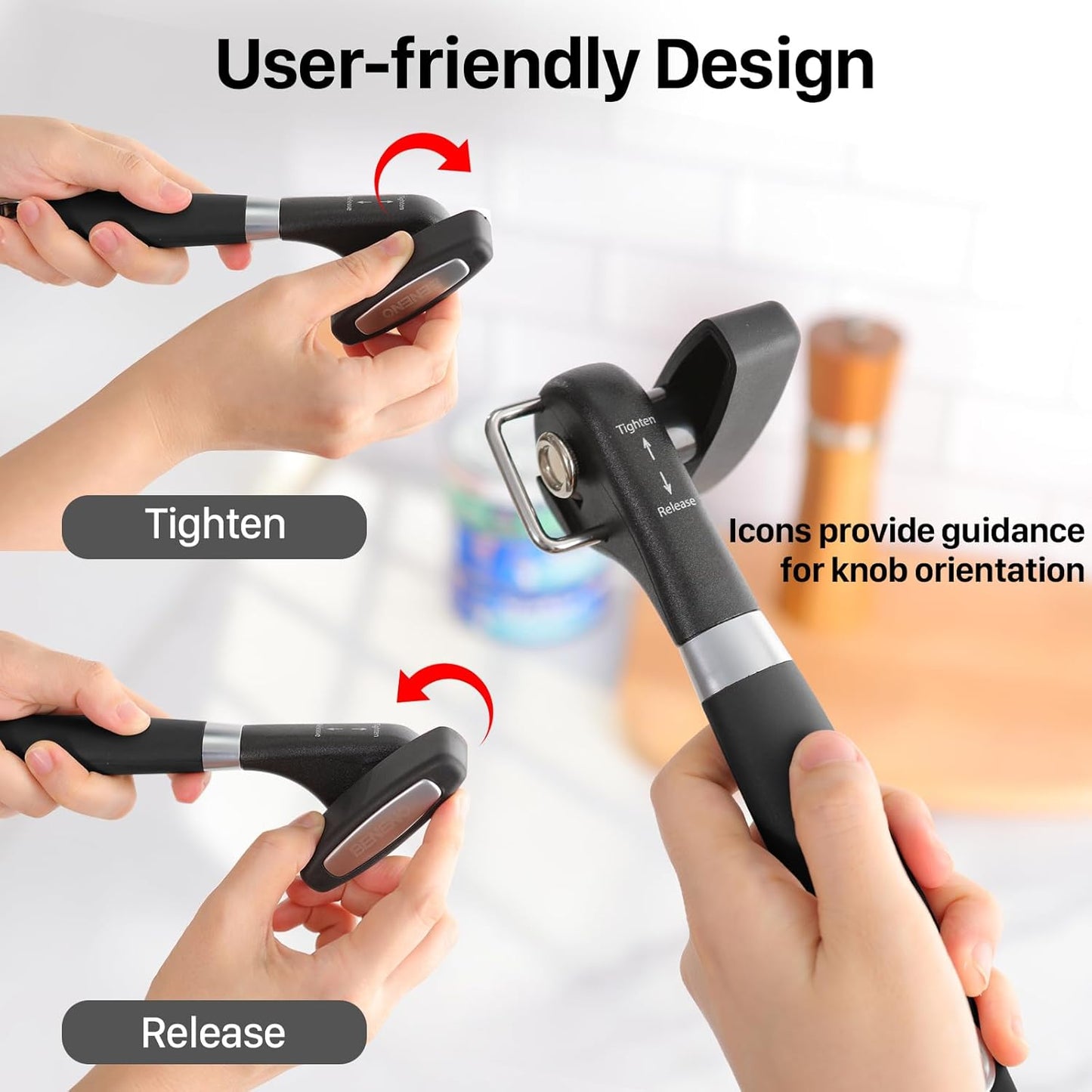 Beneno Can Opener, Manual Side Safe Cut Can Opener Smooth Edge with Durable Sharp Blade, Effort-Saving Knob & Comfortable Non-slip Handle, Brown