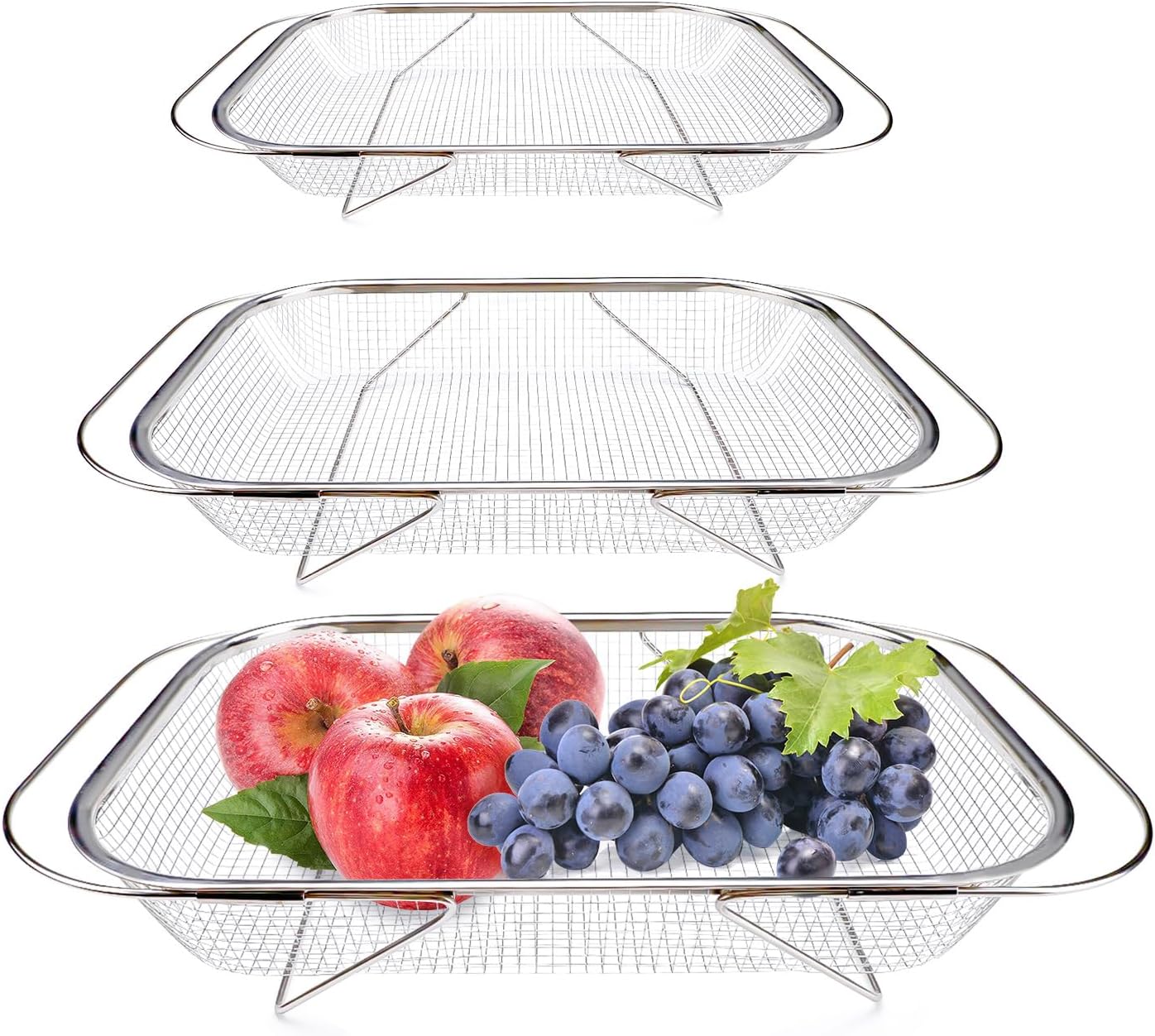 3PCS Stainless Steel Over Sink Colander, Expandable Over the Sink Strainer, Sink Colander for Kitchen Sink, Multipurpose Drain Basket, Sink Accessories,.Kitchen Utensils (3 Sizes)