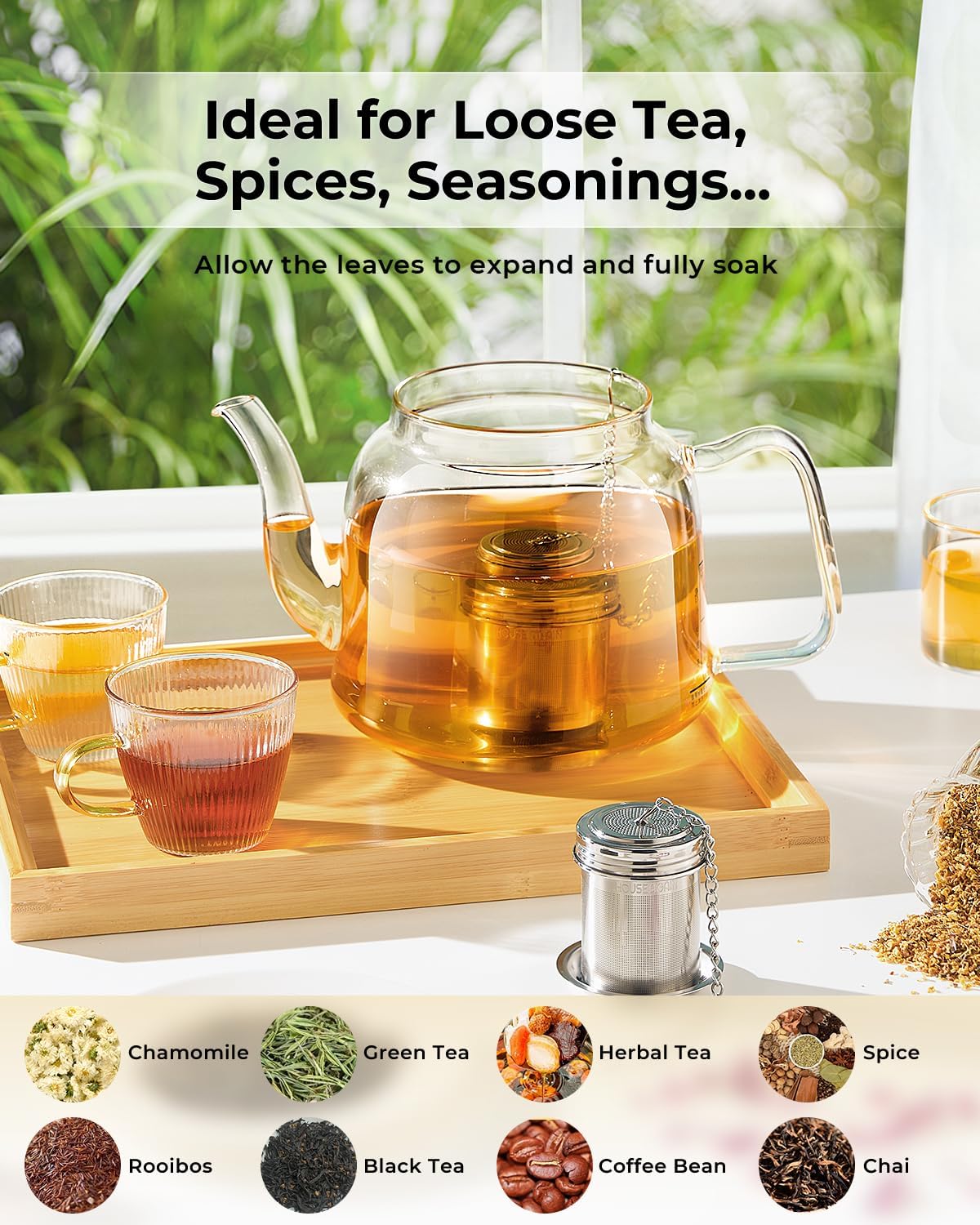 House Again Large Tea Infuser, Extra Fine Mesh Tea Strainers for Loose Tea, 18/8 Stainless Steel Tea Strainer with Extended Chain Hook, Tea Steeper for Brew Tea, Spices & Seasonings, for Multi Cups