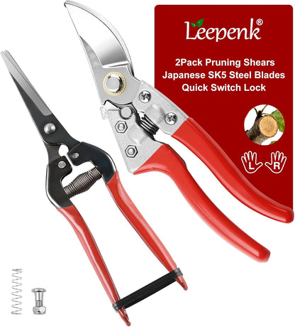 LEEPENK 2 Piece Garden Shears Set: Heavy Duty Pruning Shears with Japanese SK5 Steel Blade & Long Straight Garden Snip,Complete Pruning Shears for Gardening, Tree Trimming, Flower & Herb Cutting