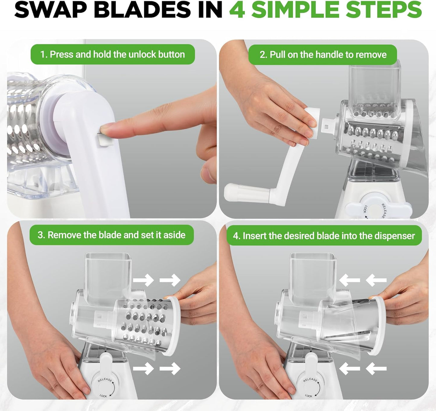 Nutrichef 3 in 1 Cheese Grater & Shredder | Strong Suction Base, Rotary Handle with Safety Lock | Includes Hand Crank & 3 Drum Blades for 3 Textures, Fine, Medium & Strips | White