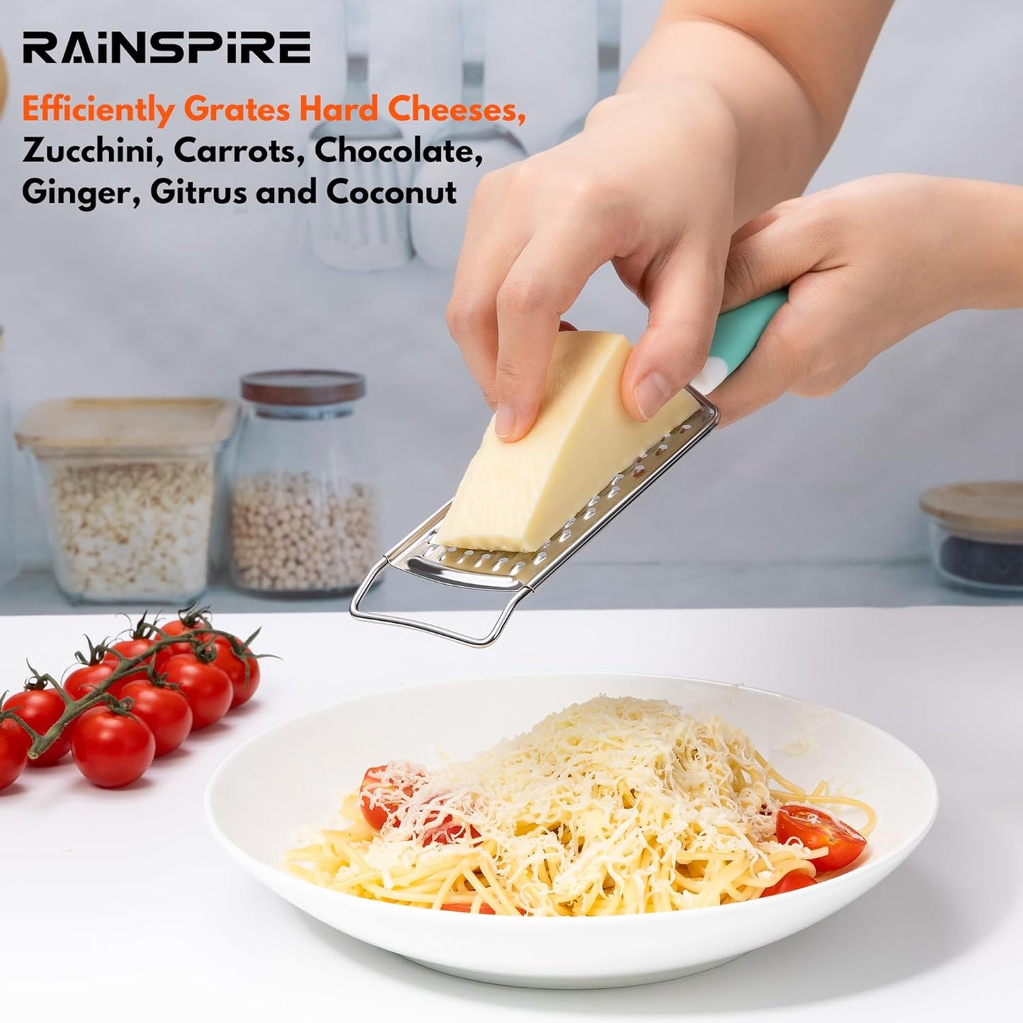 Rainspire Professional Cheese Graters for Kitchen Stainless Steel Handheld, Metal Lemon Zester Grater With Handle For Cheese, Chocolate, Spices, Kitchen Gadgets And Tools, Soft Grip Handle, Black