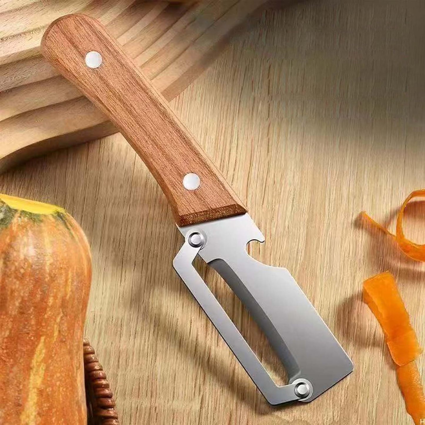 2PCS Premium Vegetable Peeler with Wooden Handle and Bottle Opener, Multi-Functional Vegetable Peeler, Stainless Steel Blade Kitchen Tool for Fruit