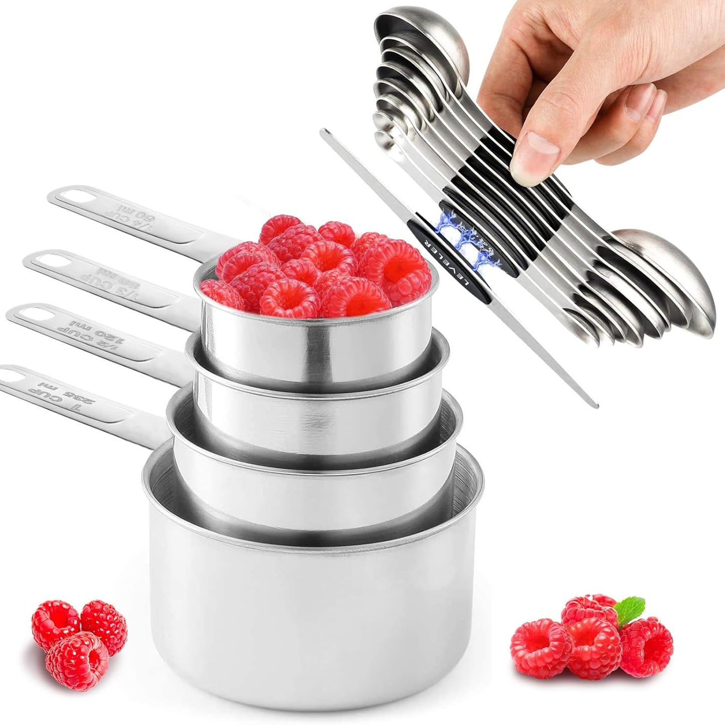 13pcs Gold Stainless Steel Measuring Cups and Spoons Set, 8 Double-Sided Magnetic Measuring Spoons Set & 4 Metal Measuring Cups & 1 Leveler for Kitchen Dry & Liquid Cooking Baking