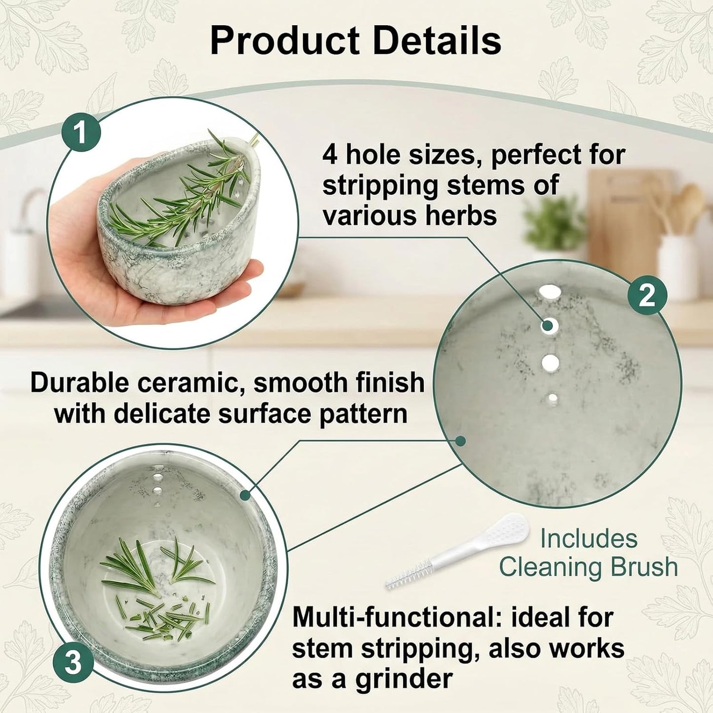Pottery Herb Stripper Bowl Ceramic Set for Kale, Thyme, Basil, Rosemary Stripper
