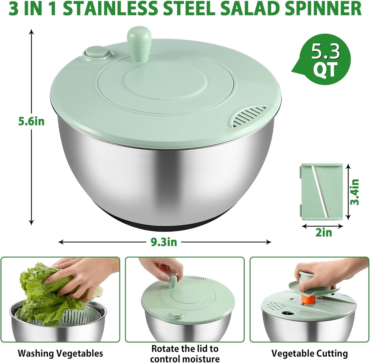 Salad Spinner Stainless Steel, 5.3-Quart Lettuce Washer Spinner with 5 Blades Slicer, Large Vegetables Fruits Wash Bowl with Strainer, Perfect Home Salad Making Tool for Healthy Eaters & Home Cooks
