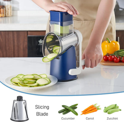 VEKAYA Rotary Cheese Grater Hand Crank with 4 Interchangeable Stainless Steel Blades, Large Manual Handle Shredder and Waffle Slicer for Vegetables, Cheese and Nuts with Table Suction Base(Blue)