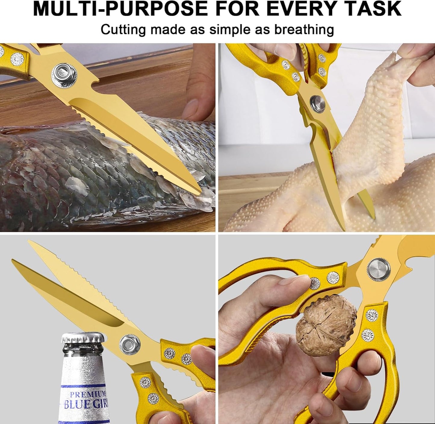 CGBE Kitchen Scissors, Multi-Purpose Kitchen Shears, Heavy Duty Dishwasher Safe Food Scissors for Chicken, Poultry, Fish, Meat & Herbs with Non-Slip Grips - Sliver