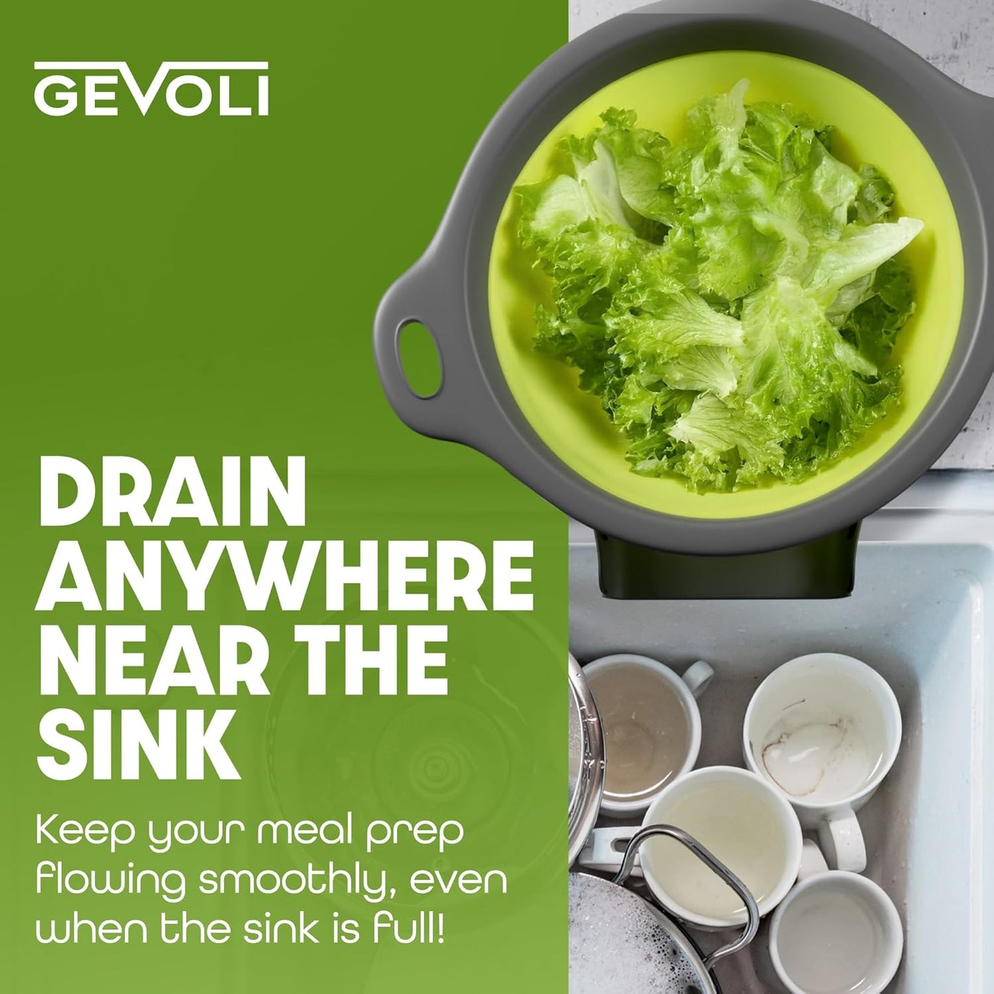 Gevoli Strainer with Self-Draining Base (5QT) Over-Sink Collapsible Kitchen Colander Set with Side-drain Base for Pasta Vegetables and Fruit, XL Large Capacity, Dishwasher Safe (5-Quart) Red/Gray