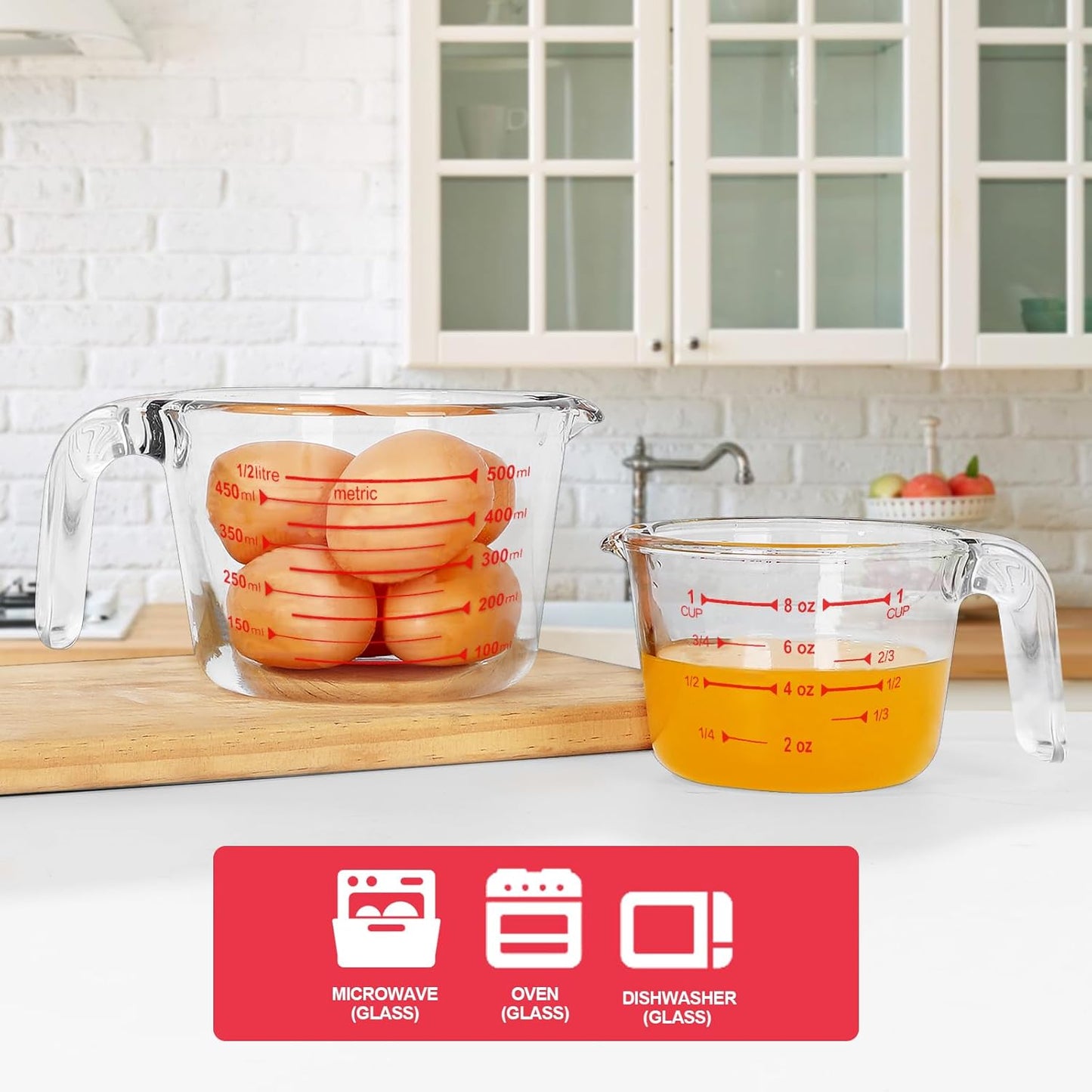 KOMUEE 4 Piece Glass Measuring Cups Set, 5 Oz, 1-Cup, 2-Cup, 4-Cup Liquid Measuring Cups with Lids for Kitchen, Freezer and Microwave Safe