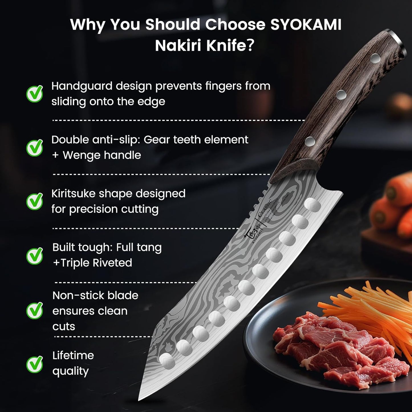 SYOKAMI Cleaver Chef Knife with Herb Stripper, 7" Asian Kitchen Knife 3-in-1 Combined with Chef's Knife, Santoku, Nakiri for Slicing, Chopping, Dicing, Mincing, Housewarming Birthday Cooking Gifts