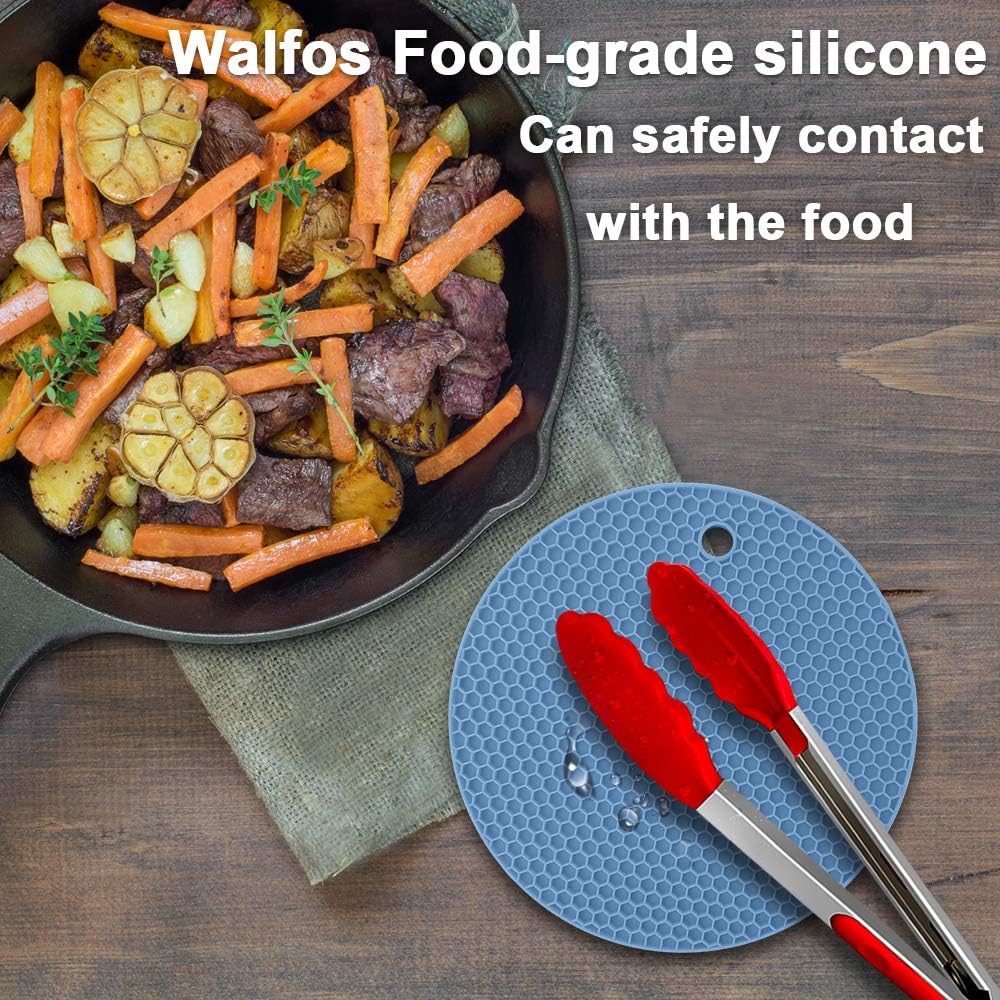 Walfos Silicone Trivet Mats - 4 Heat Resistant Pot Holders, Multipurpose Non-Slip Hot Pads for Kitchen Potholders, Hot Dishers, Jar Opener, Spoon Holder, Food Grade Silicone & BPA Free (Black)